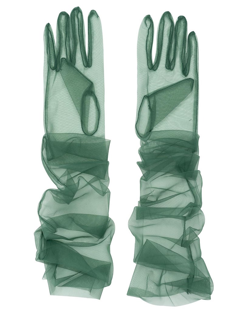 QRBTSCL Women's Tulle Long Wedding Bridal Glove Long Opera Party Gloves 27" Elbow Length Sheer Gloves Dark Green - Image 1
